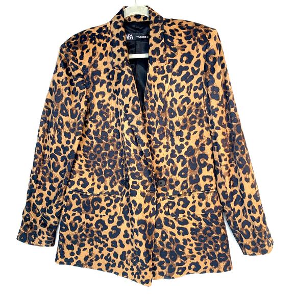 ZARA Leopard Print Blazer Jacket XS Brown Black Animal Statement Party Chic - Picture 1 of 14